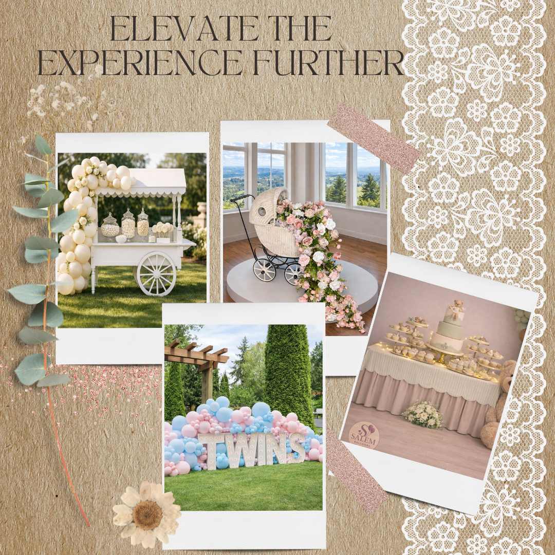 Collage of wedding decorations with text 'Elevate the Experience Further' on a decorative background.