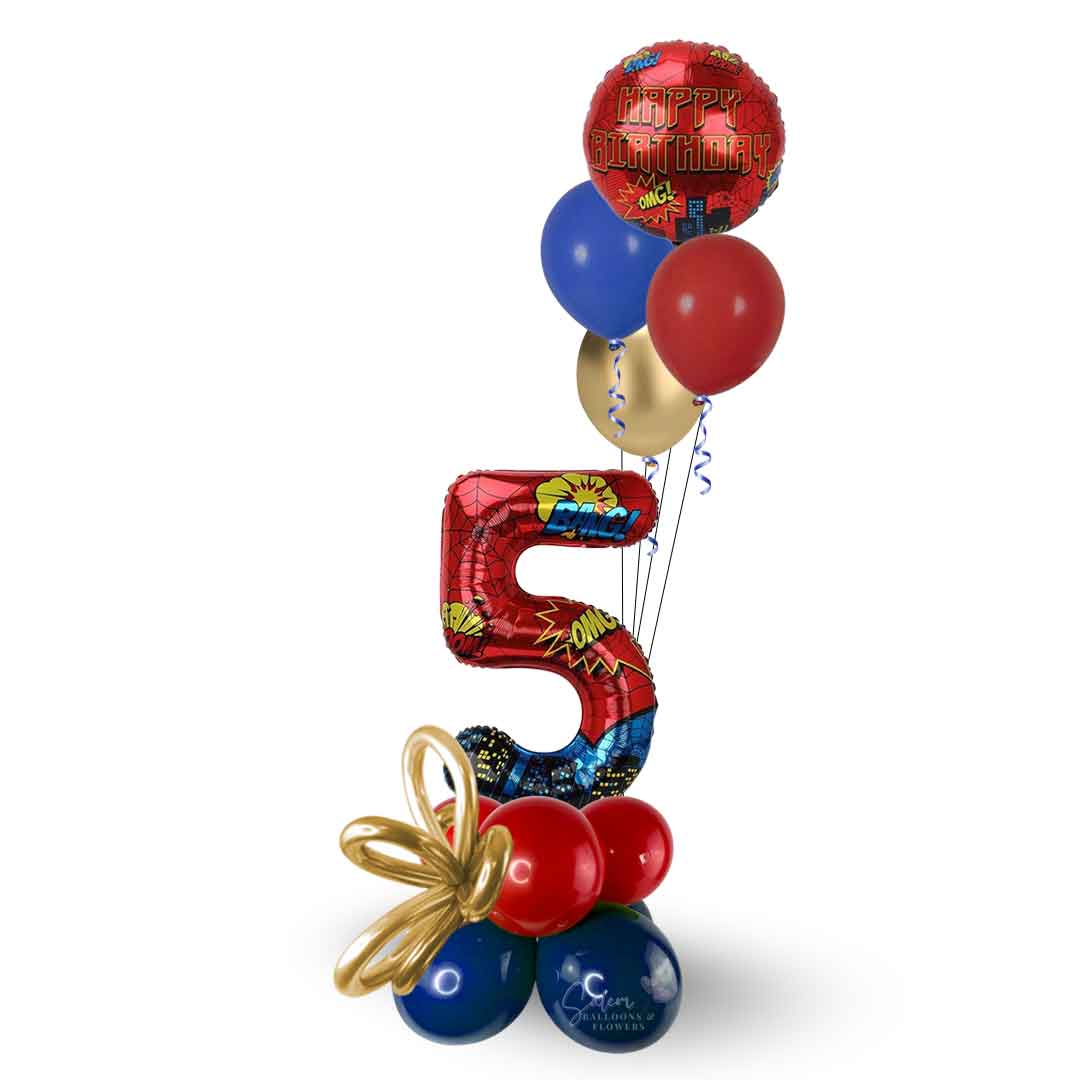 Colorful balloon arrangement with a spiderman themed number '5' and 'Happy Birthday'. Oregon balloon delivery.