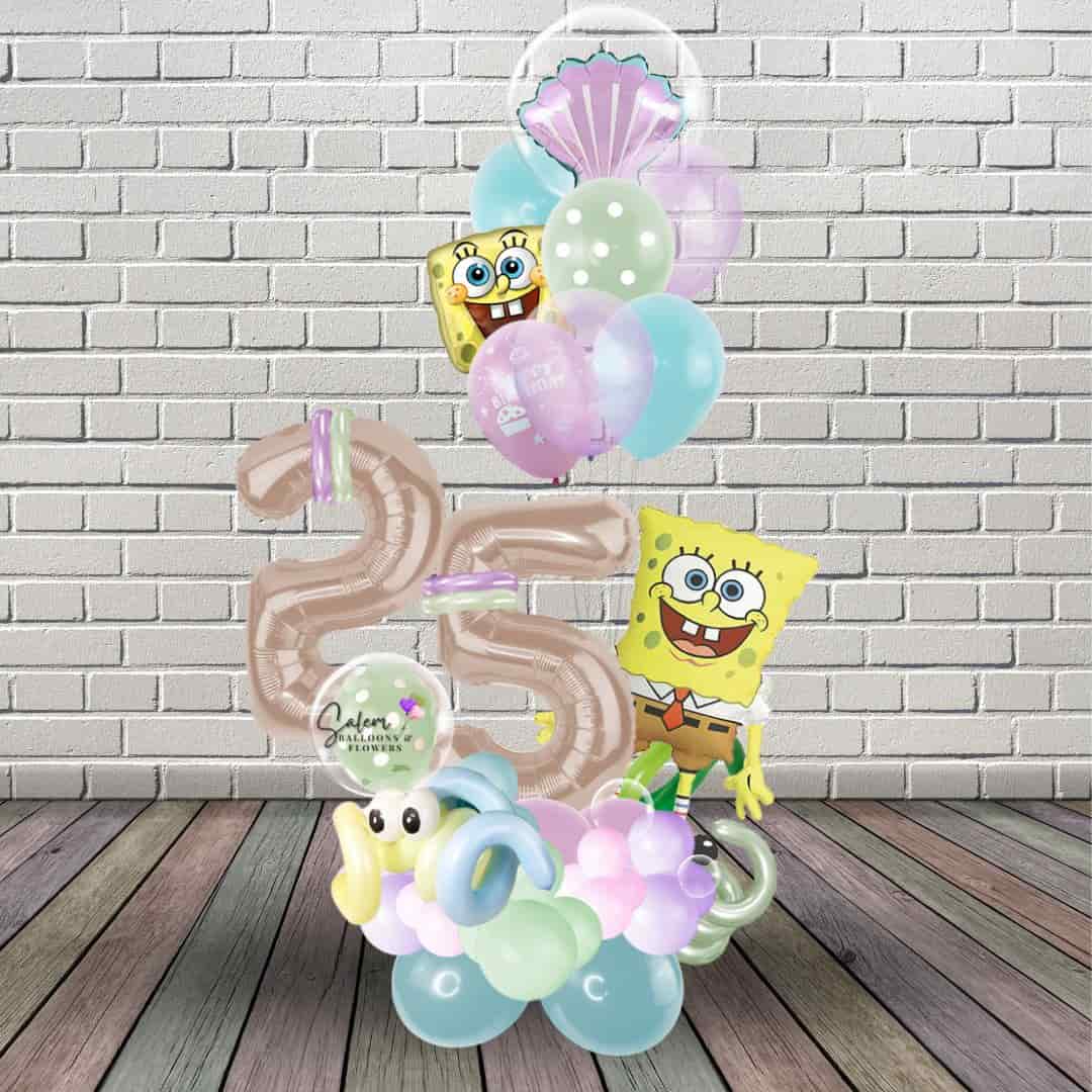 Numbers balloon bouquet featuring a large sponge bob balloon and balloon numbers. Balloons Salem Oregon