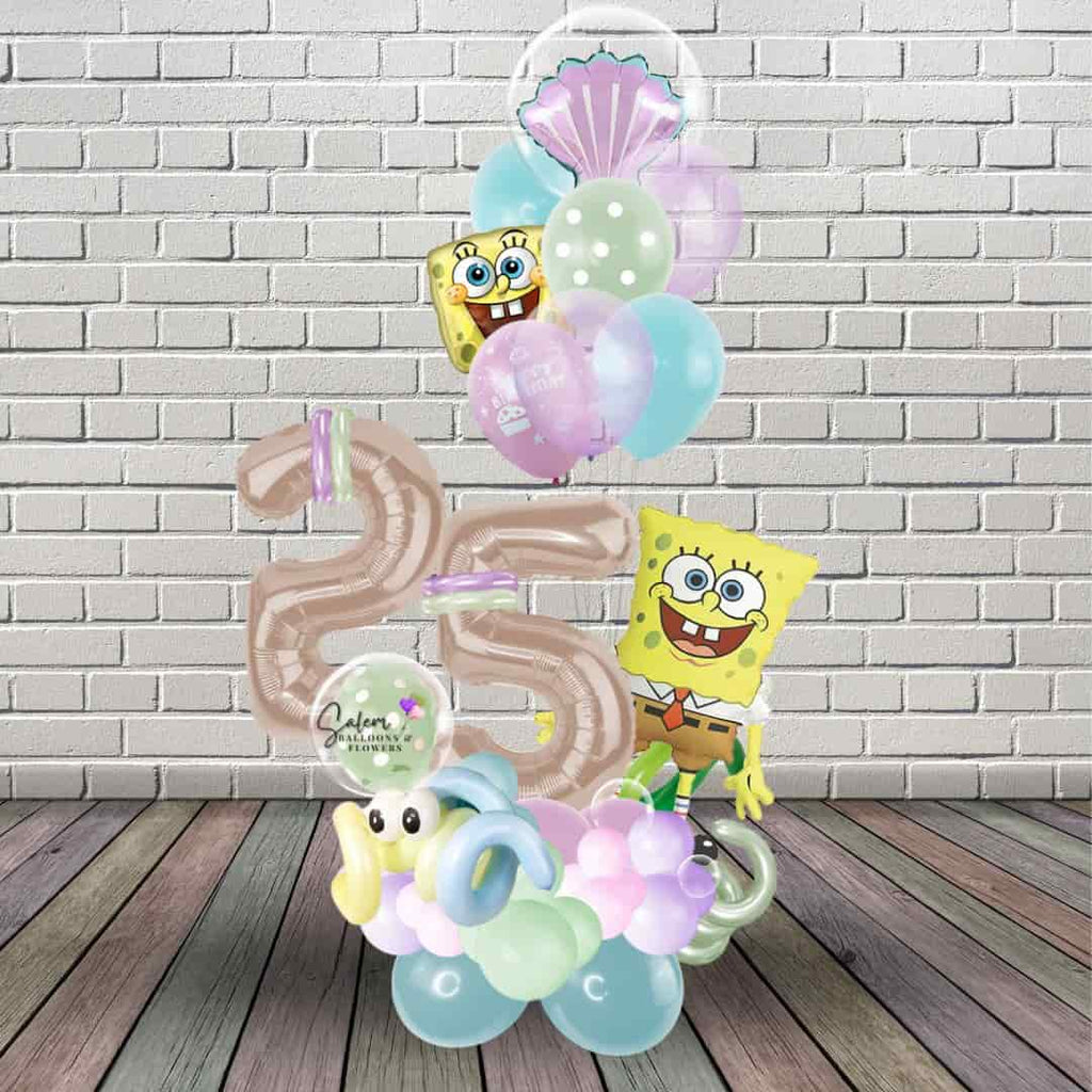 Numbers balloon bouquet featuring a large sponge bob balloon and balloon numbers. Balloons Salem Oregon