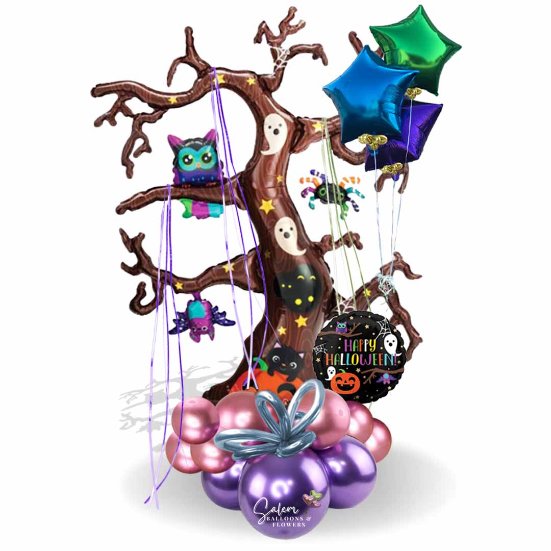 Halloween balloons salem oregon and nearby cities. A cute spooky tree balloon with owls and tinsel.