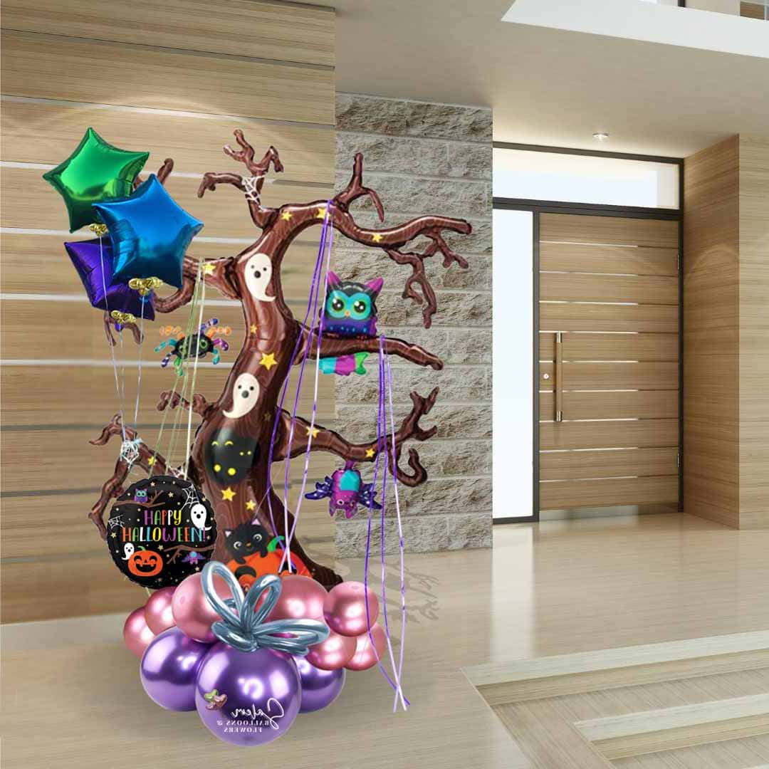 Halloween balloons salem oregon and nearby cities. A cute spooky tree balloon with owls and tinsel. Size chart.