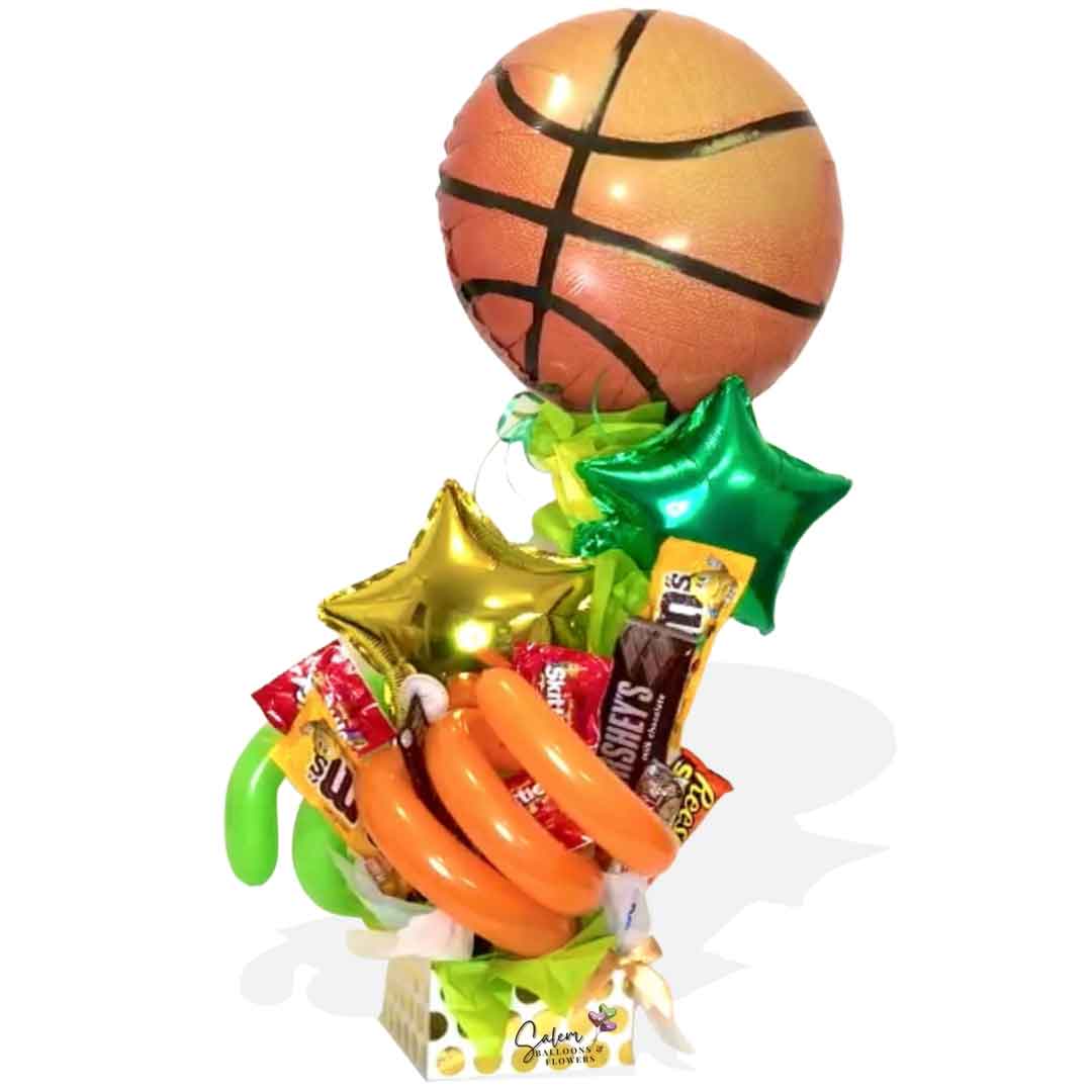 Sports themed candy balloon bouquet. Featuring a sport ball. Basketball balloon.Delivery in Salem OR and nearby cities.