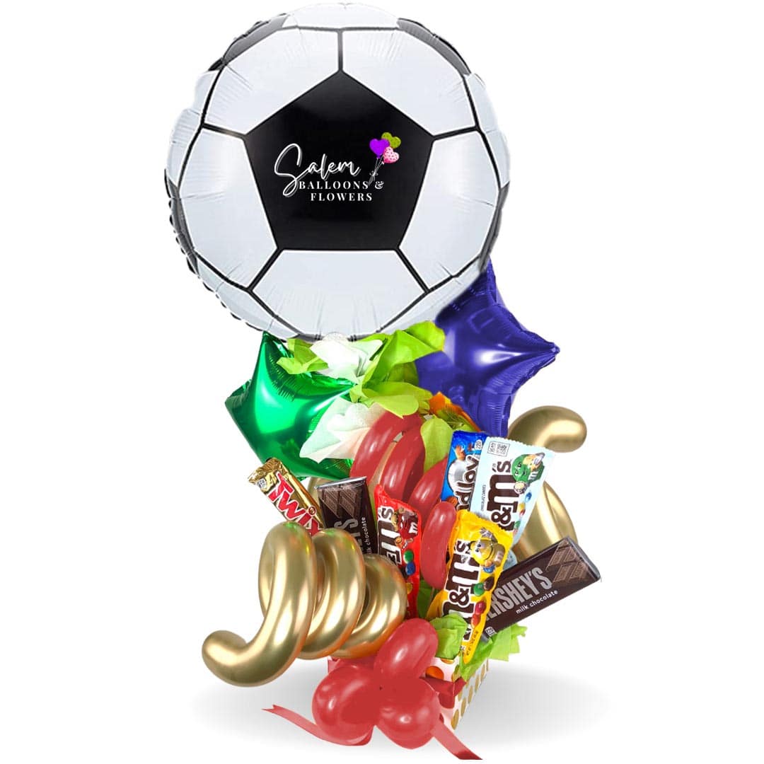 Sports themed candy balloon bouquet. Featuring a sport ball. Soccer Ball  balloon.Delivery in Salem OR and nearby cities.