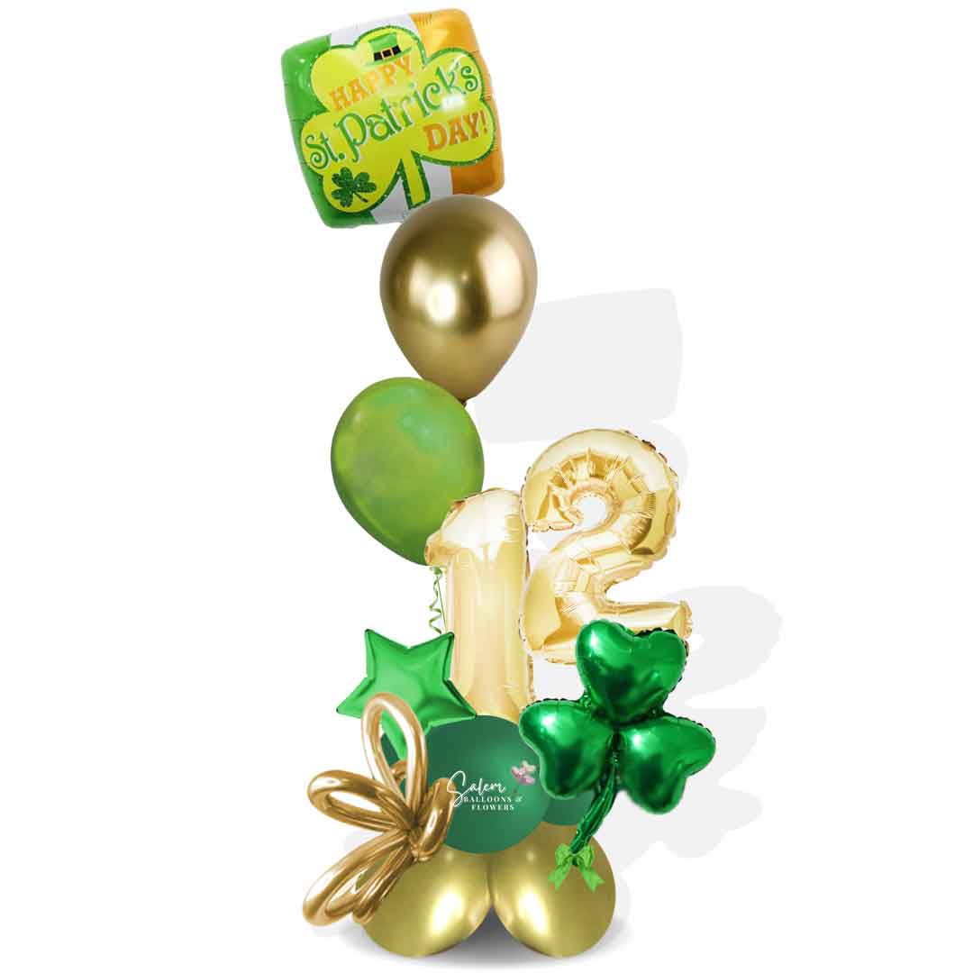 St. Patrick's Day themed number balloon bouquet. Featuring a set of helium balloons with a "Happy St. Patrick's Day" message, 2 number balloons and a shamrock balloon. Balloon delivery Salem Oregon and nearby cities.