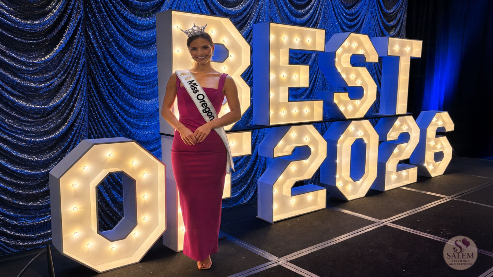 Stage Marquee Letter display at The Grad Hotel in Eugene, Oregon.,  spelling Best of 2026 for the Eugene Community's choice awards with Miss Oregon posing next to the display. By  Salem Balloons and Flowers.
