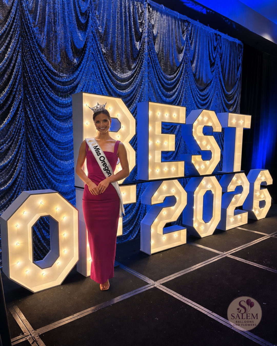 Stage Marquee Letter display at The Grad Hotel in Eugene, Oregon.,  spelling Best of 2026 for the Eugene Community's choice awards with Miss Oregon posing next to the display. By  Salem Balloons and Flowers.