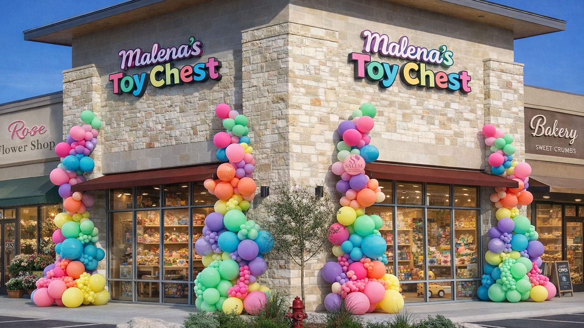 Malena's Toy Chest store front with colorful balloon garlands decorating the storefront. High visual impact storefront balloon decor. Oregon