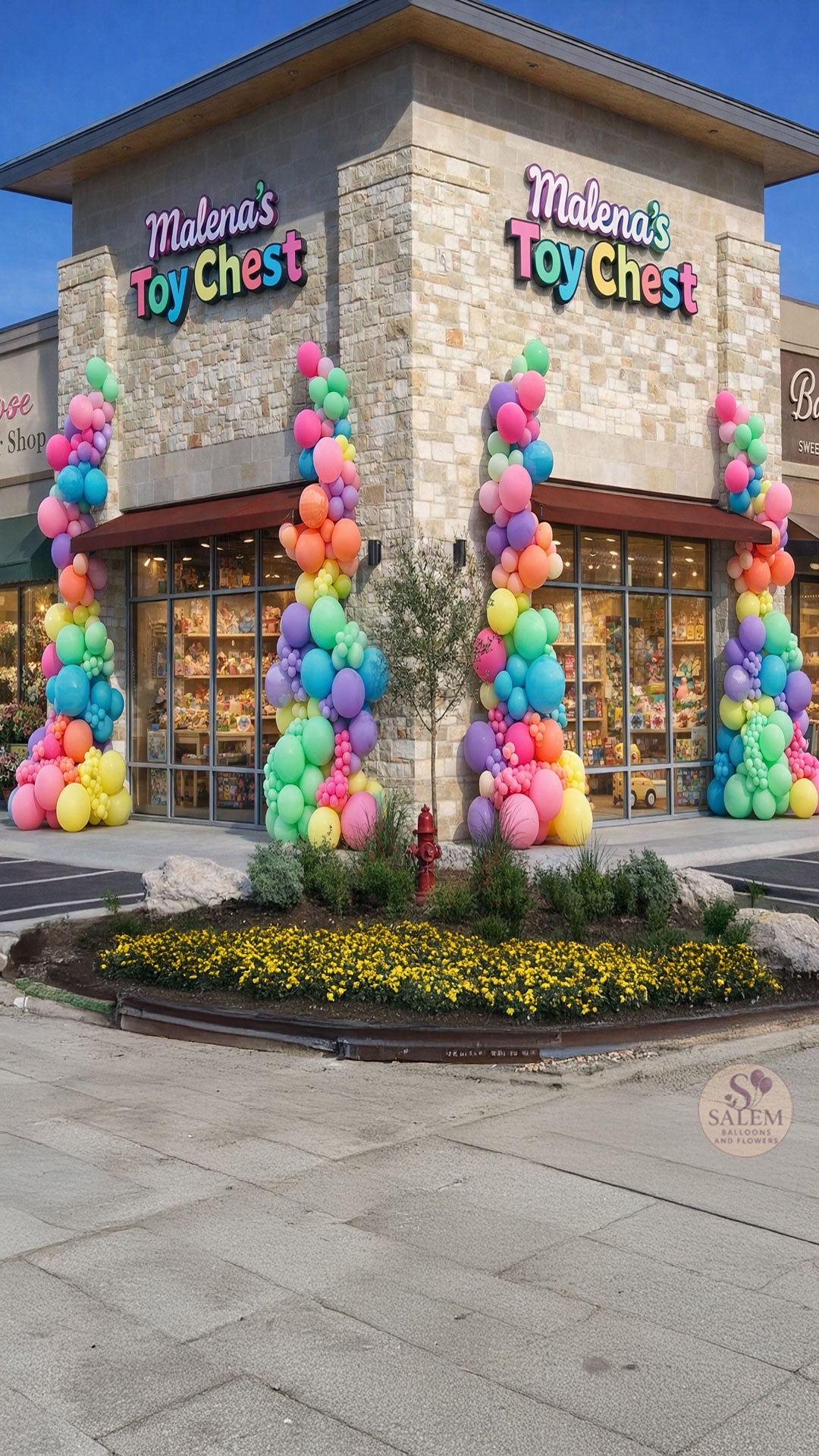 Malena's Toy Chest store front with colorful balloon garlands decorating the storefront. High visual impact storefront balloon decor. Oregon