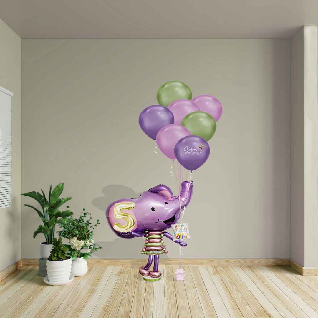 Elephant balloon sculpture holding a #5 balloon and a helium balloon bouquet. Birthday Balloon delivery Salem Oregon and nearby cities.