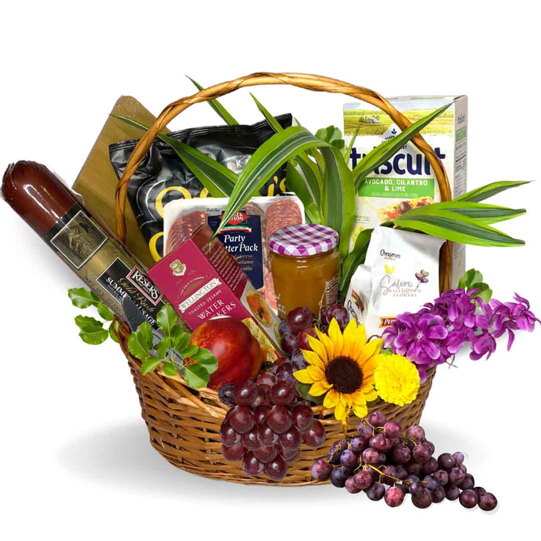 gourmet treats gift basket with an assortment of meats, cheeses, crackers, fruits ans a natural plant. Delivery in Salem Oregon and nearby cities.