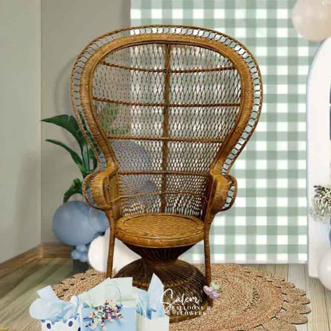 Wicker peacock chair 5' tall in a balloon decor setup. Oregon