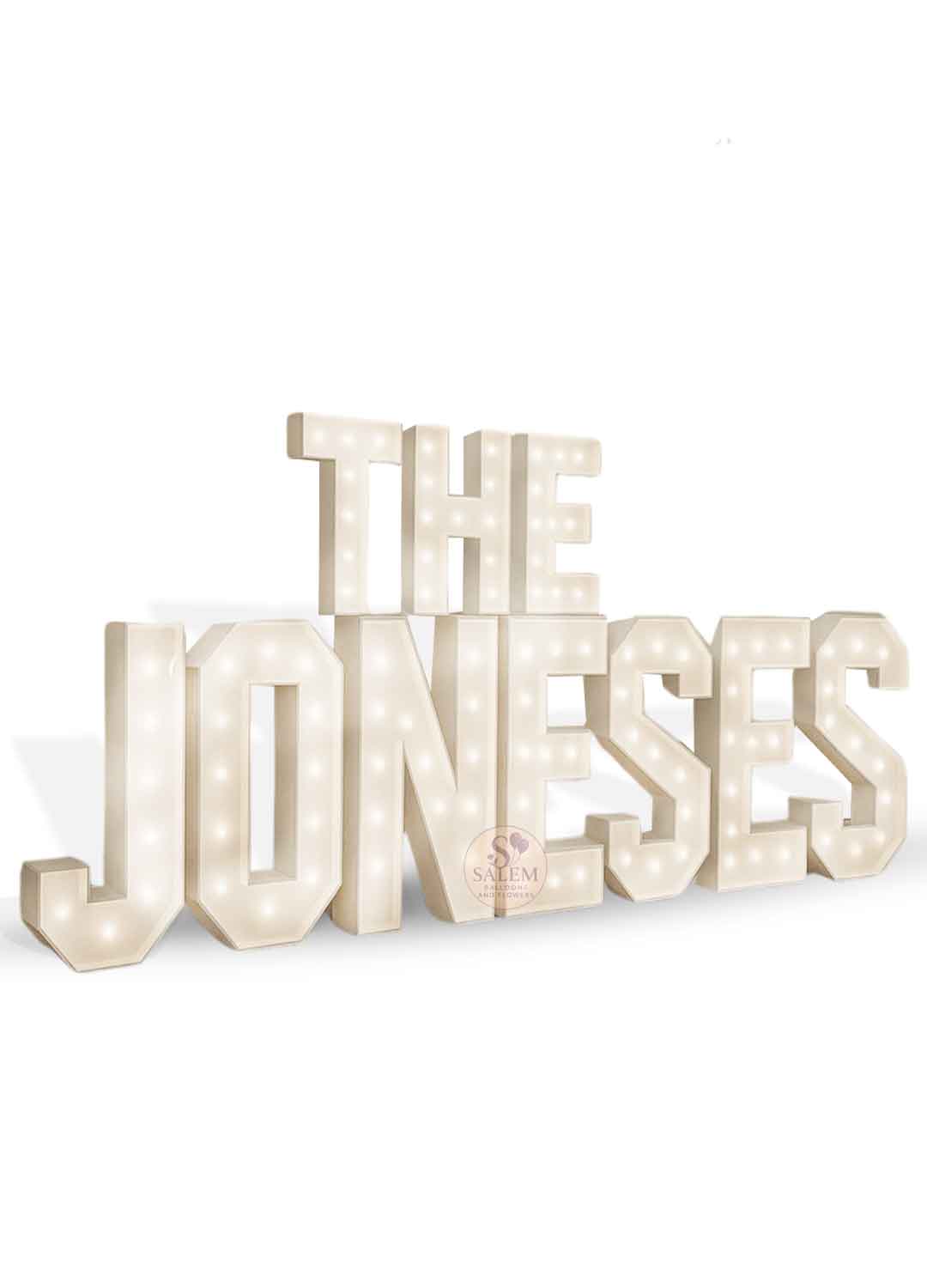 White Marquee Letter display spelling The Joneses. Wedding decor. Oregon.