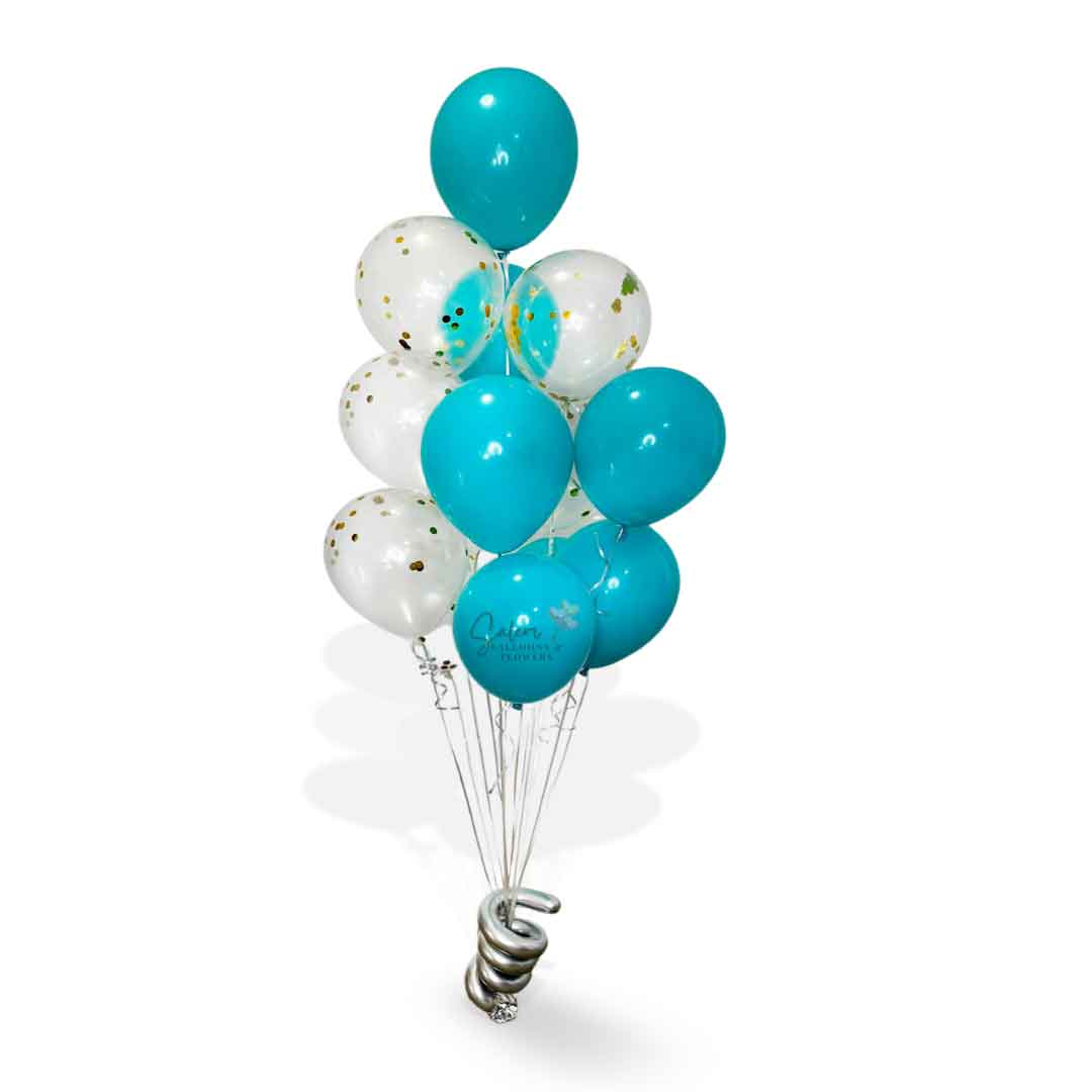 13 helium filled balloon bouquet in teal and golden confetti. Oregon Balloon Delivery.