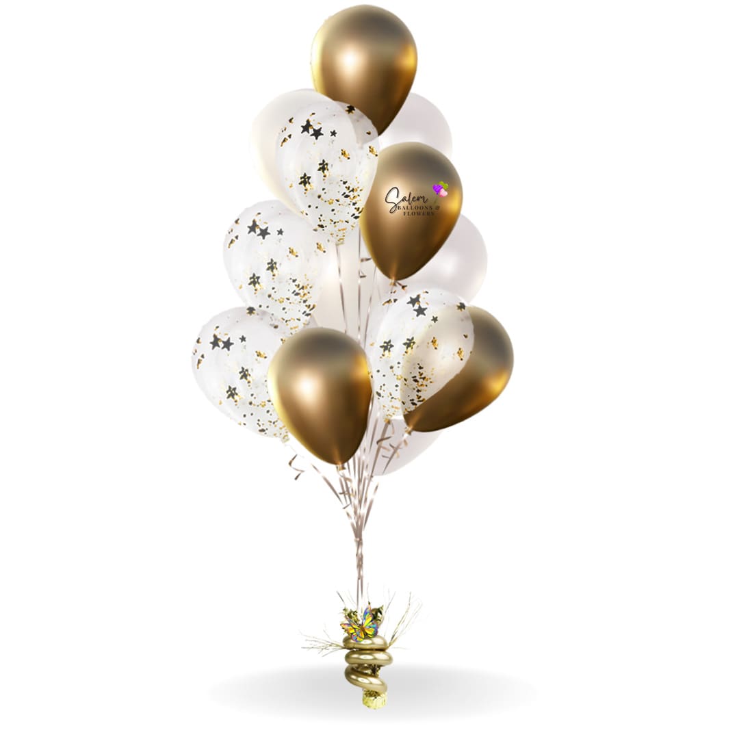 Set of 3 helium filled balloon boquets with 13 balloons ea. anchored to a decorated weight. Salem Oregon balloon decor.