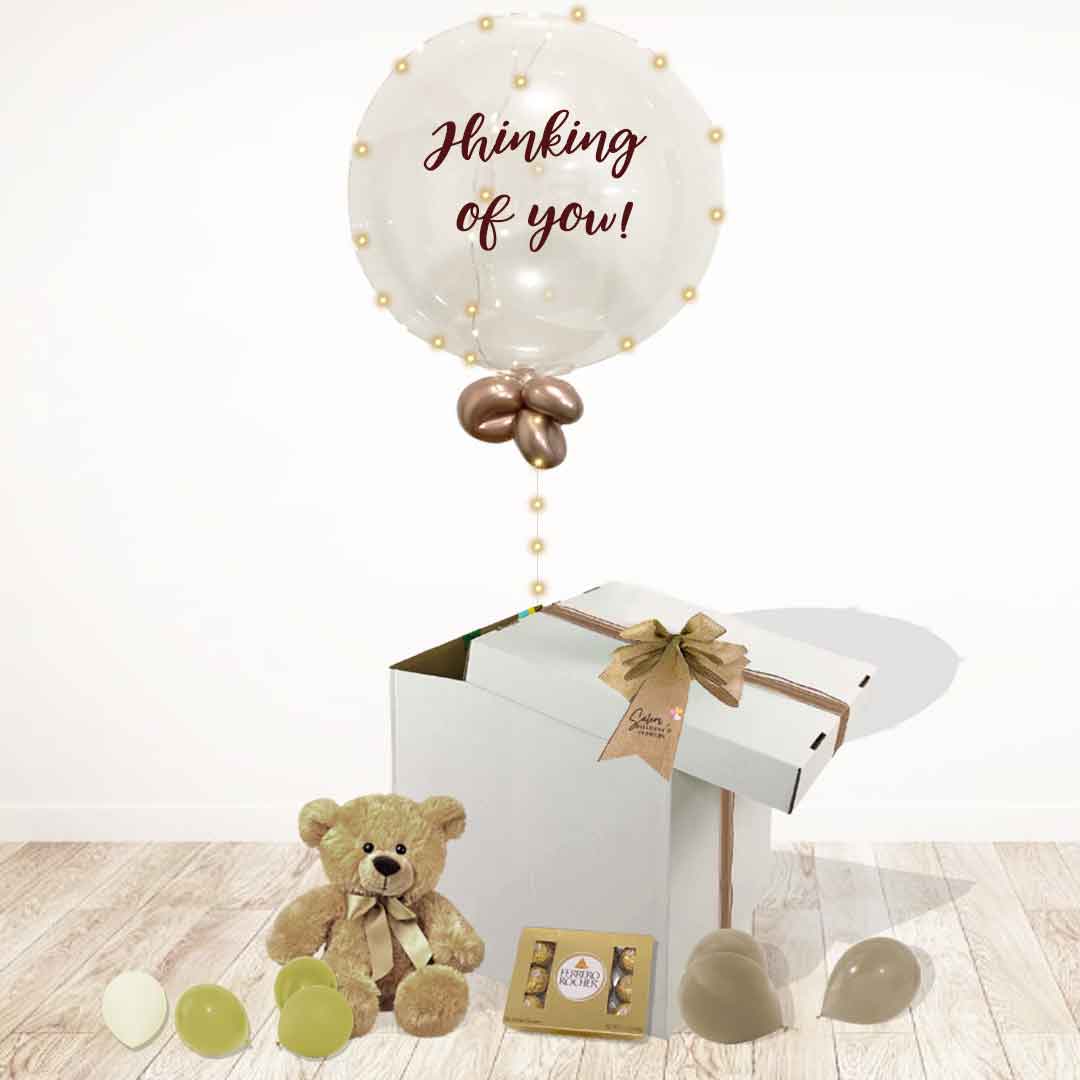 Thinking of you balloon box. Filled with a light-up bubble balloon with a 