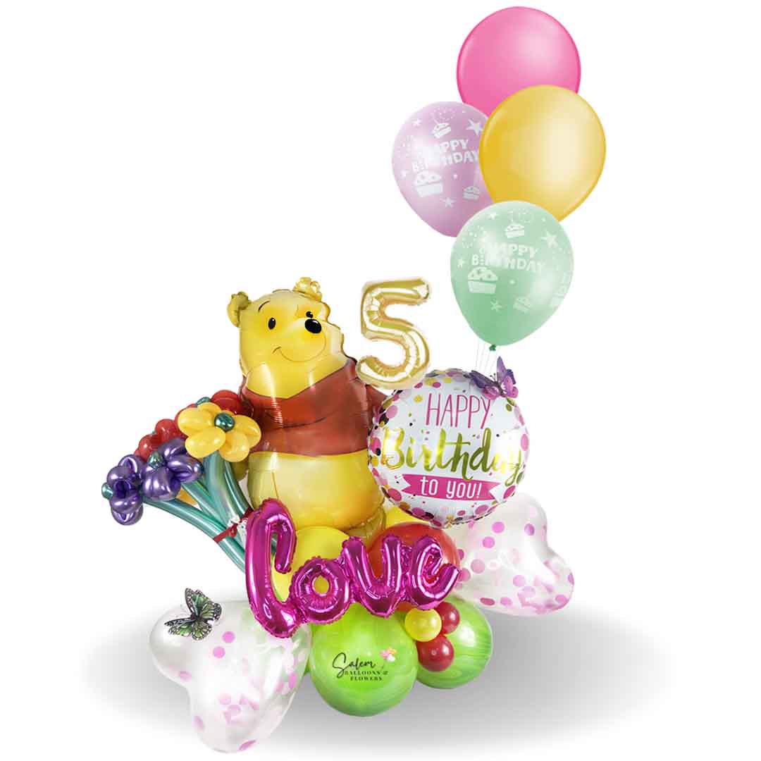 Winnie the Pooh themed birthday balloon bouquet with numbers. Balloons Salem Oregon and nearby cities.