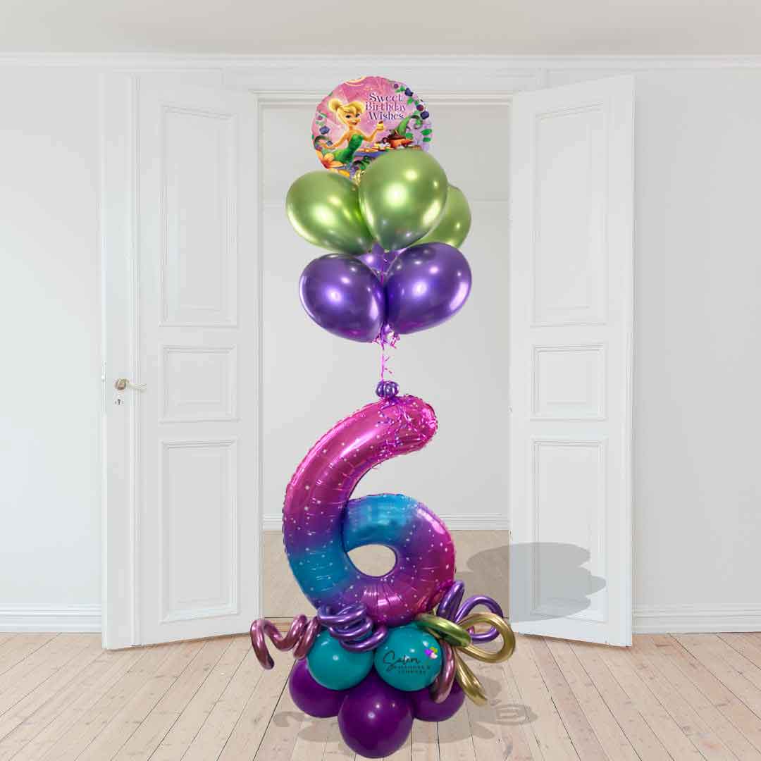 6-7 Ft tall Tinkerbelle themed number balloon bouquet. in a variety of purple and greens colors. Delivery in Salem Oregon and nearby cities.