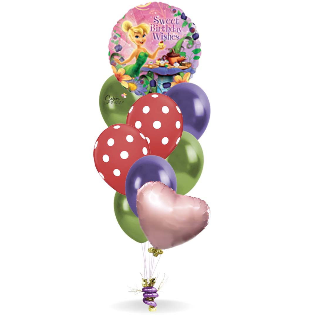 Tinker Bell helium balloons. Happy birthday balloon bouquet featuringa Tinker Bell Mylar balloon. delivery in Salem Oregon and nearby cities.