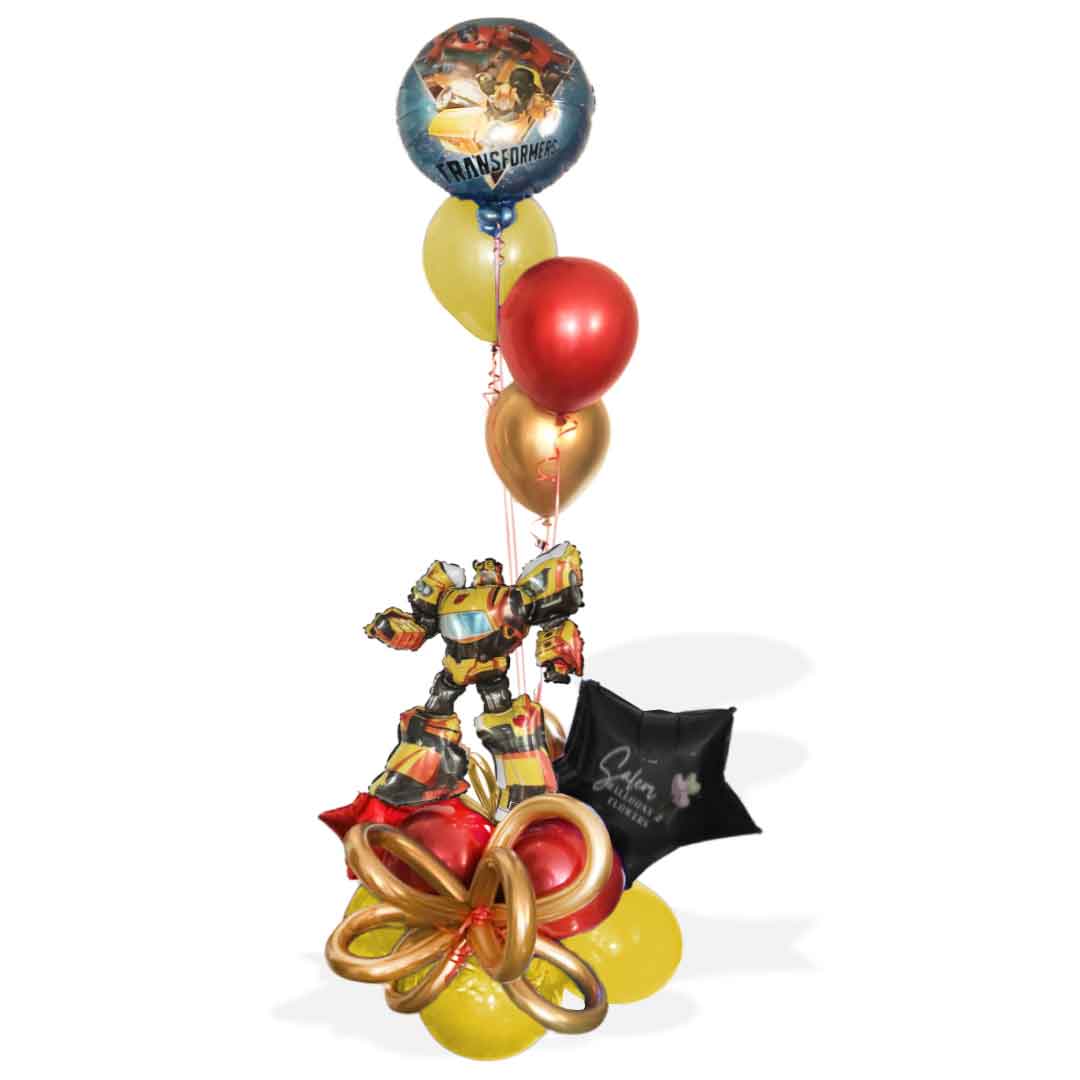 Transformers themed balloon marquee in red and yellow with a helium balloon bouquet. Delivery in Salem Oregon and nearby cities.