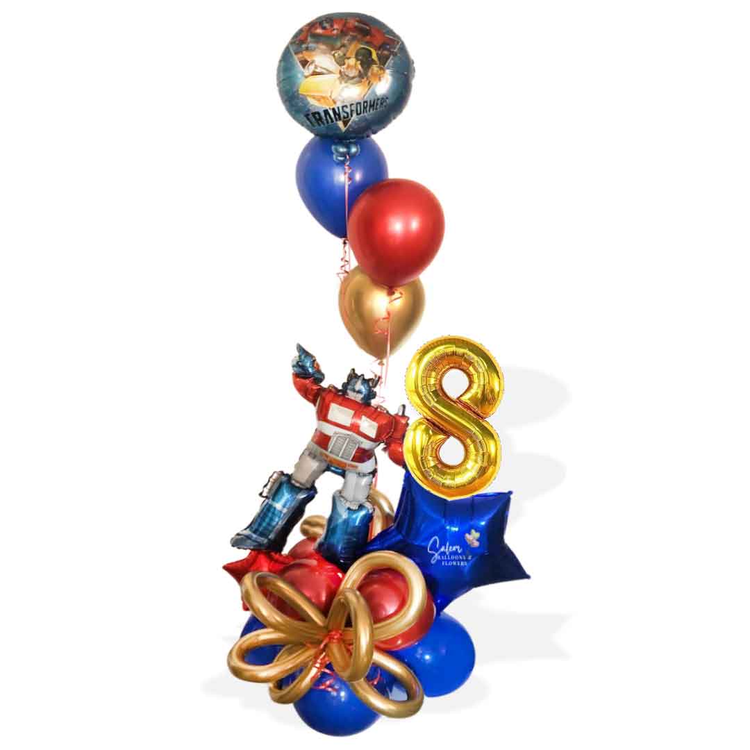 Transformers themed balloon marquee in red and blue with a helium balloon bouquet and an 8 number balloon. Delivery in Salem Oregon and nearby cities.