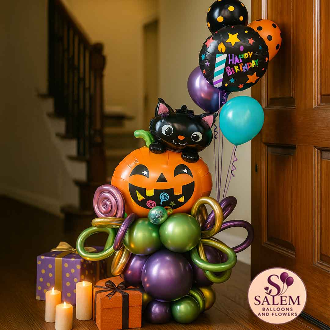 Halloween-themed balloon arrangement with a pumpkin, black cat, and colorful balloons in a home setting, in green, purple and orange. Oregon balloon delivery.