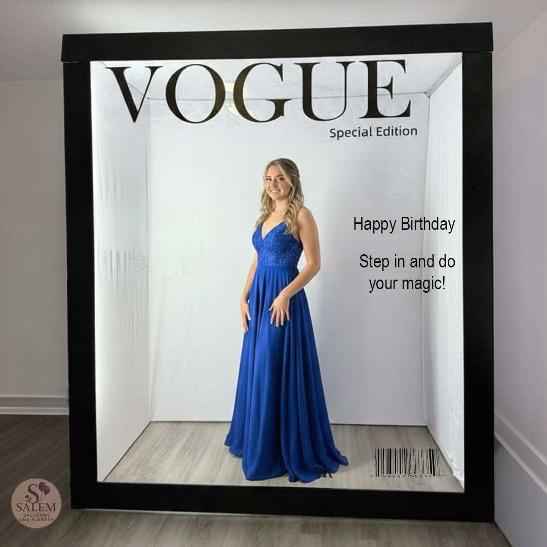 Magazine Cover Photo Booth. (Only available with balloon decor)