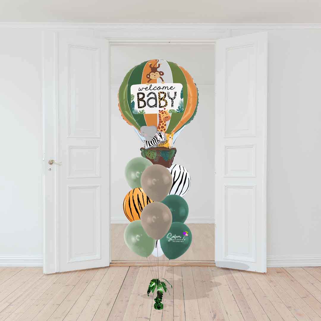 Jungle themed welcome baby helium balloon bouquet. salem balloon Oregon delivery.