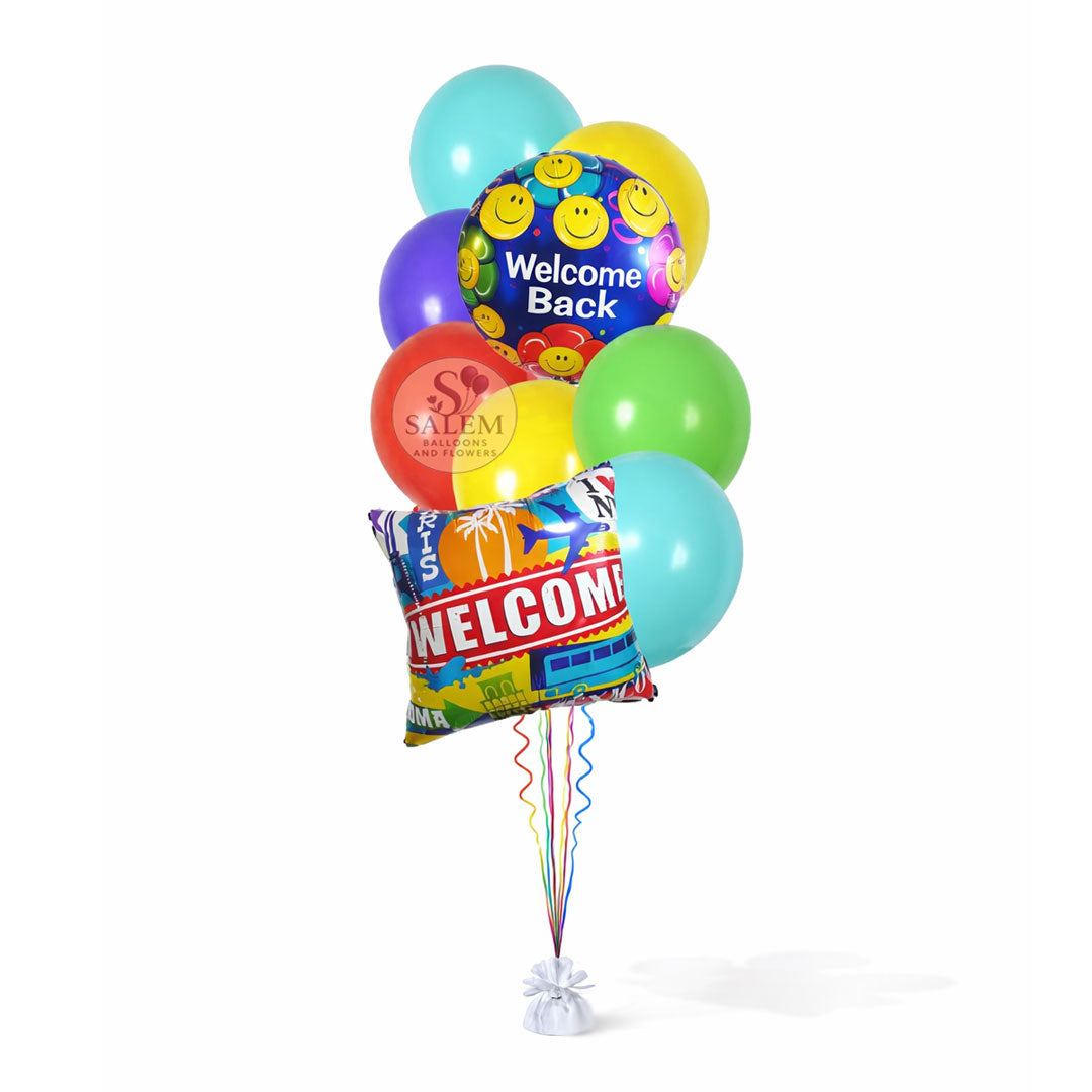 Welcome Back balloon bouquet in vibrant colors on a white background. Balloon delivery.Salem Oregon.