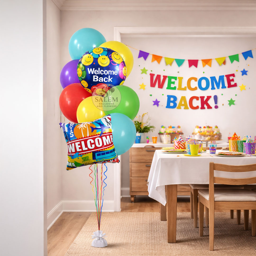 Welcome Back balloon bouquet in vibrant colors in a festive dining room  decorated with a 'Welcome Back" banner. Balloon delivery.Salem Oregon