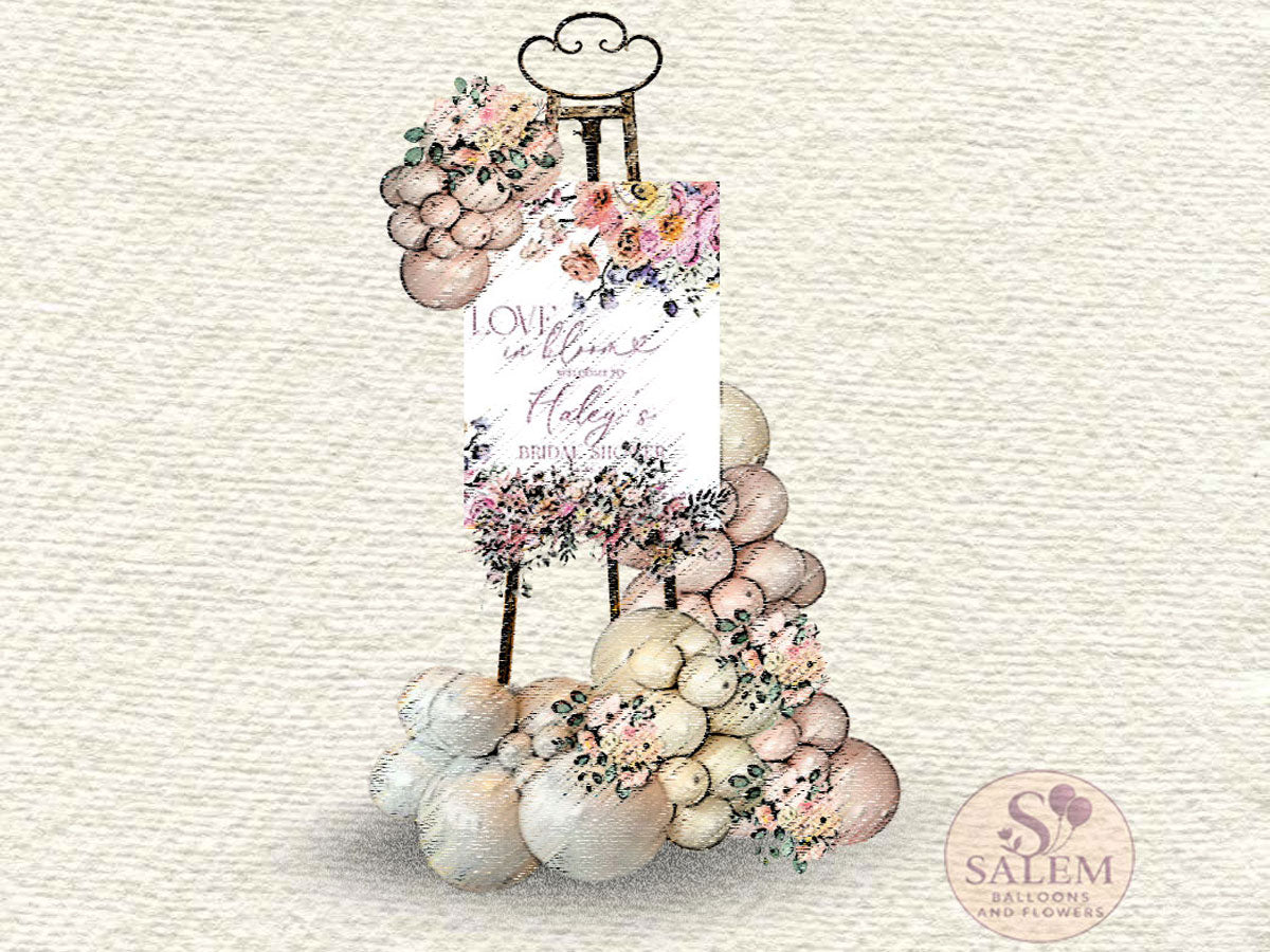 pastel crayons styled mockup for an easel welcome sign balloon garland with flowers by Salem Balloons and flowers.