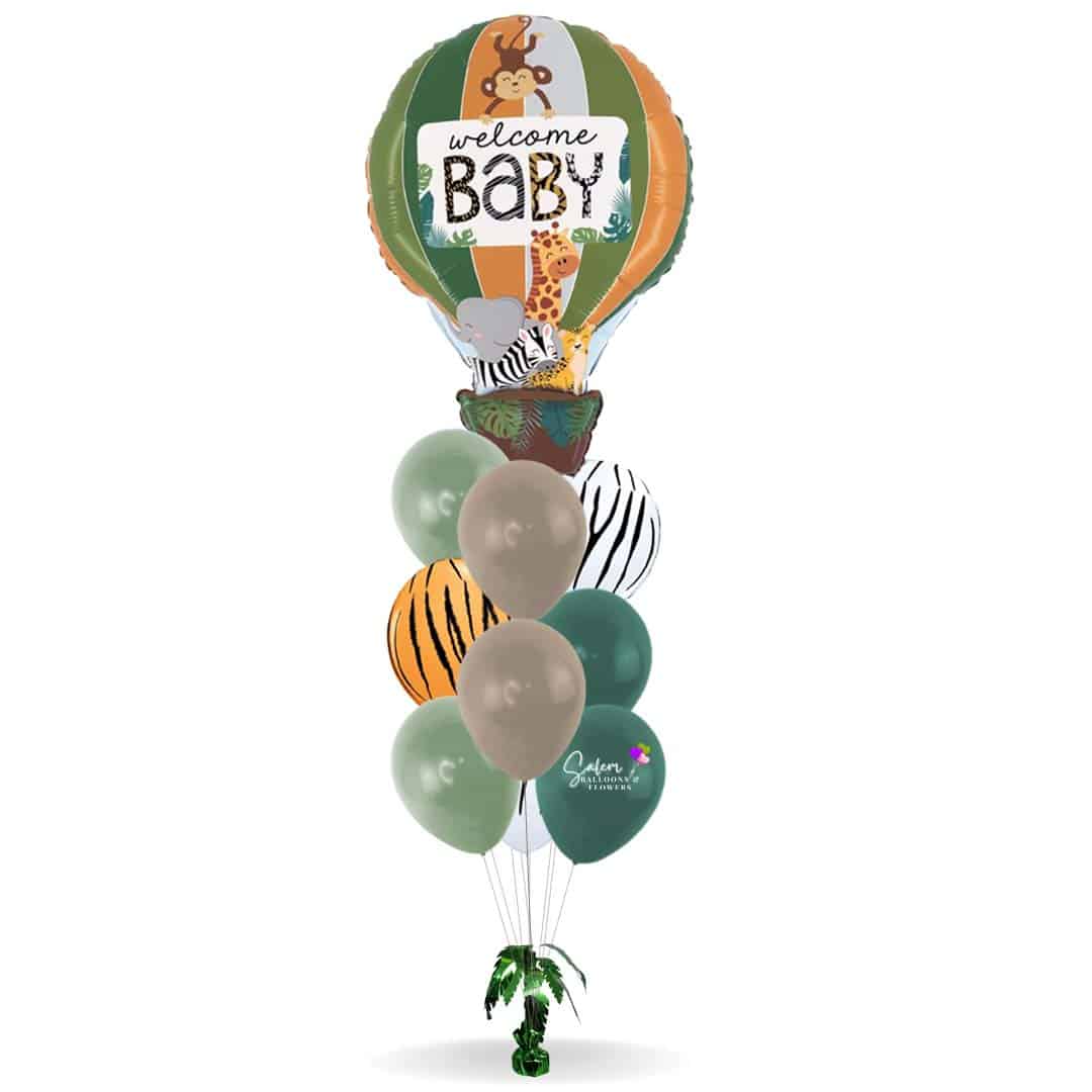 Jungle themed welcome baby helium balloon bouquet. salem balloon Oregon delivery.