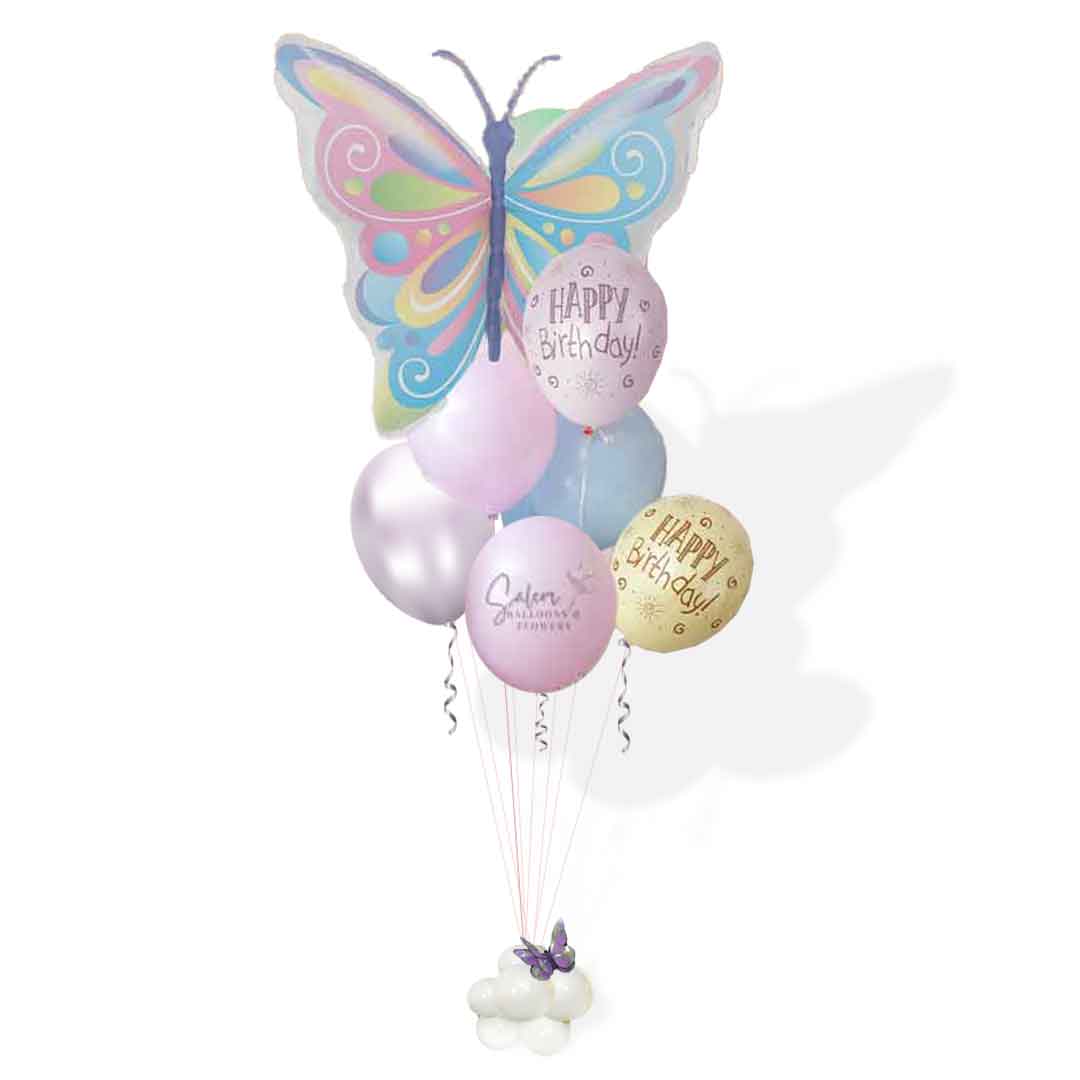 Extra tall butterfly themed balloon bouquet in pastel colors. Salem Oregon balloon delivery.