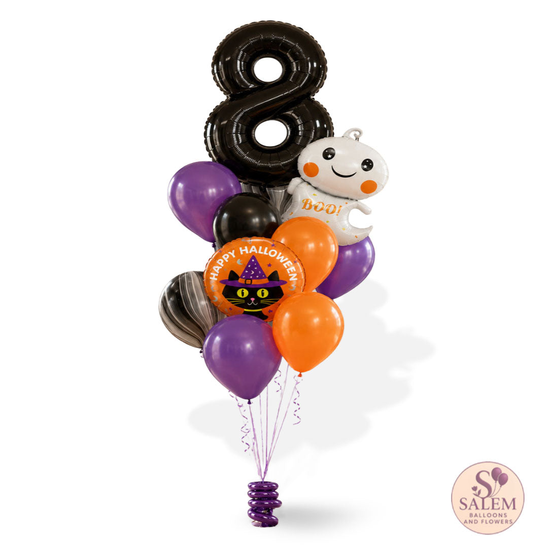 A Halloween-themed balloon bouquet featuring a large black number 8 balloon, a white ghost balloon, purple and orange balloons, a black cat 'Happy Halloween' foil balloon, and a purple coiled spring base, shown on a white background with a Salem Balloons and Decorators logo in the bottom right corner.