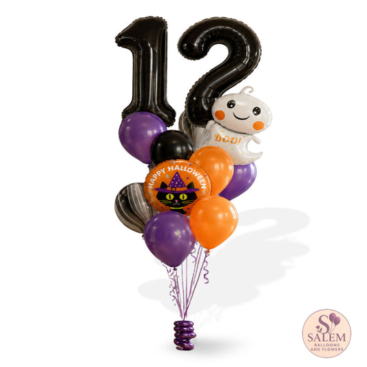 Halloween-themed balloon bouquet with number 12 balloons, a white ghost balloon, orange and purple balloons, and a round 'Happy Halloween' balloon on a white background with a Salem Balloons and Flowers logo.