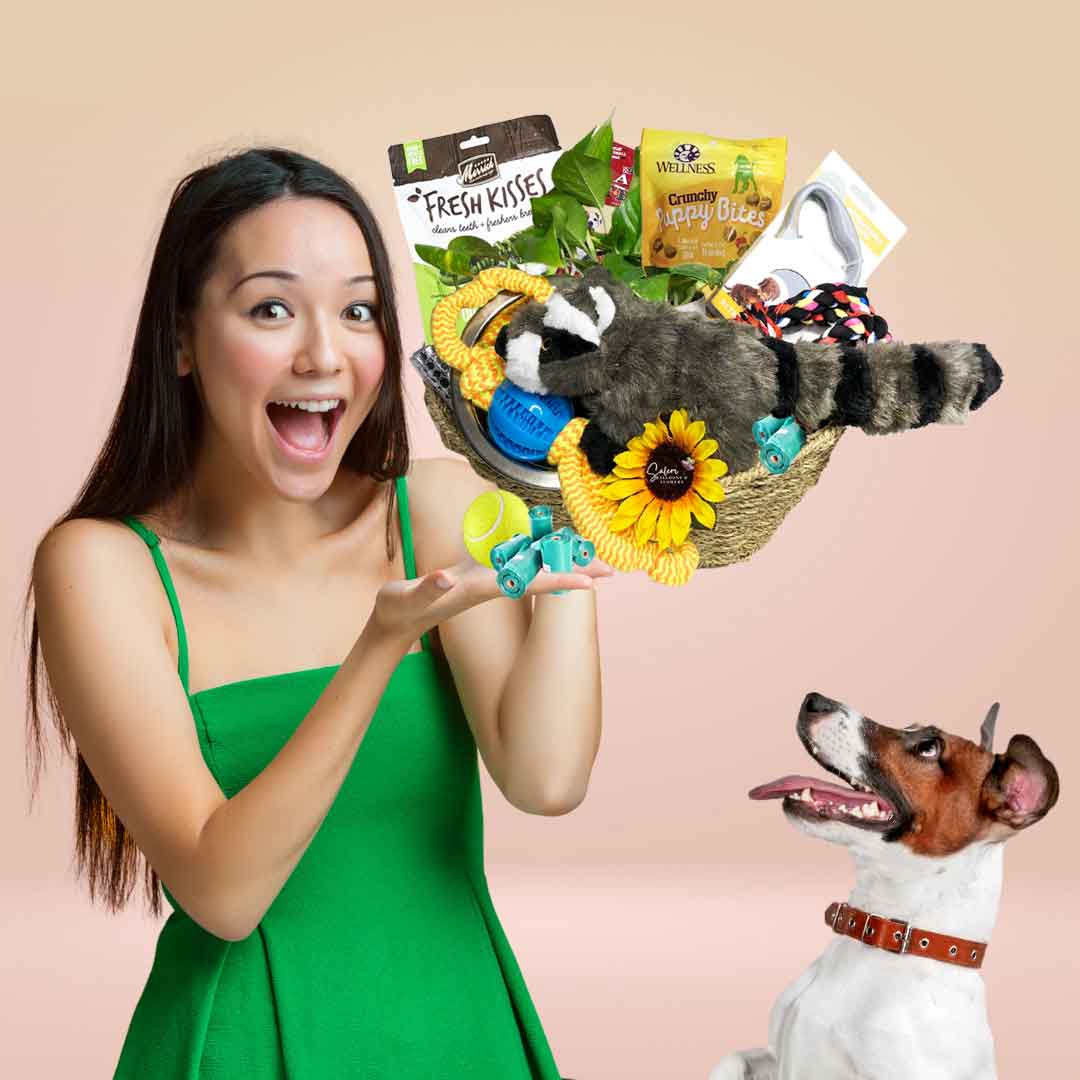 Girl holding a gift basket filled with dog treats, toys, and dog utensils. Gift basket delivery in salem Oregon and nearby cities.