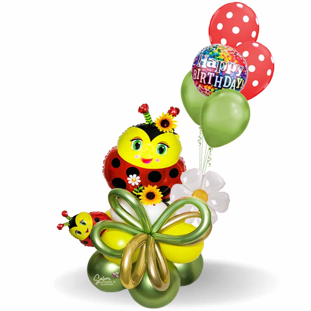 Ladybug-themed balloon bouquet, with an extra set of helium balloons, flowers and bugs. Salem Oregon. Balloon delivery