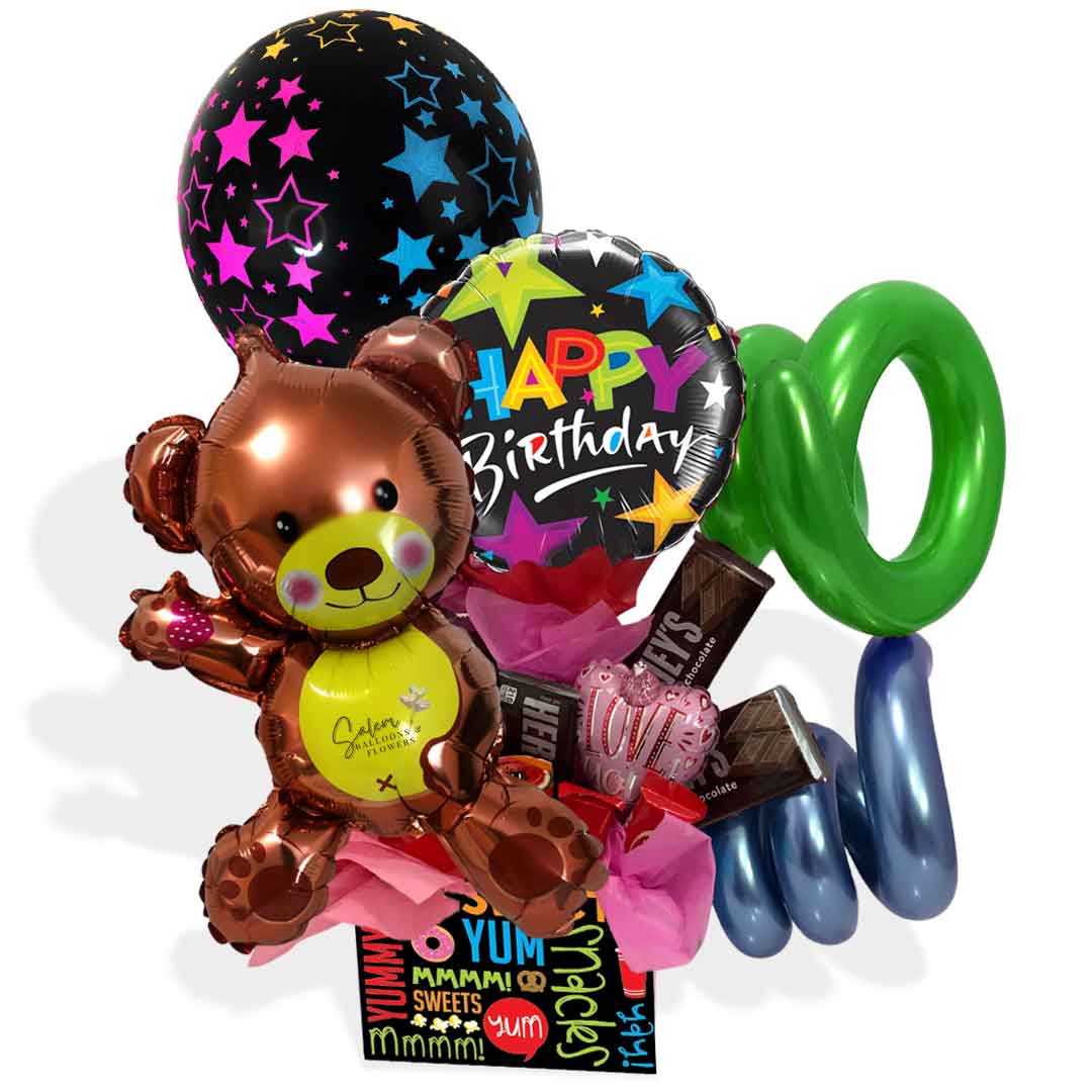 Balloon box gift, filled with birthday balloons, a teddy bear balloon, candy  and chocolates. Balloon delivery Salem Oregon and nearby cities.