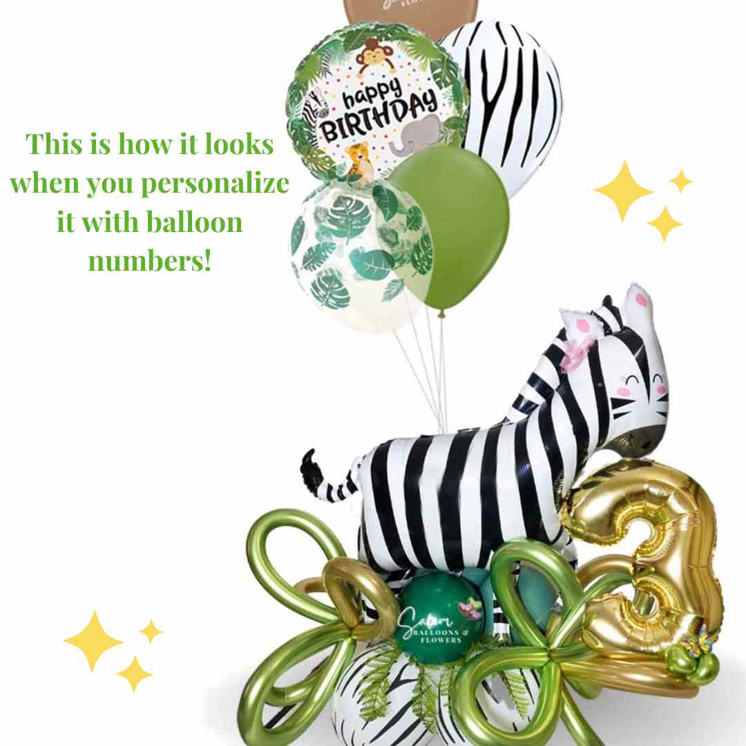 Safari themed balloon bouquet, featuring a zebra standing on a base of balloons with balloon numbers and helium balloons. Balloons delivery Salem Oregon and nearby cities.