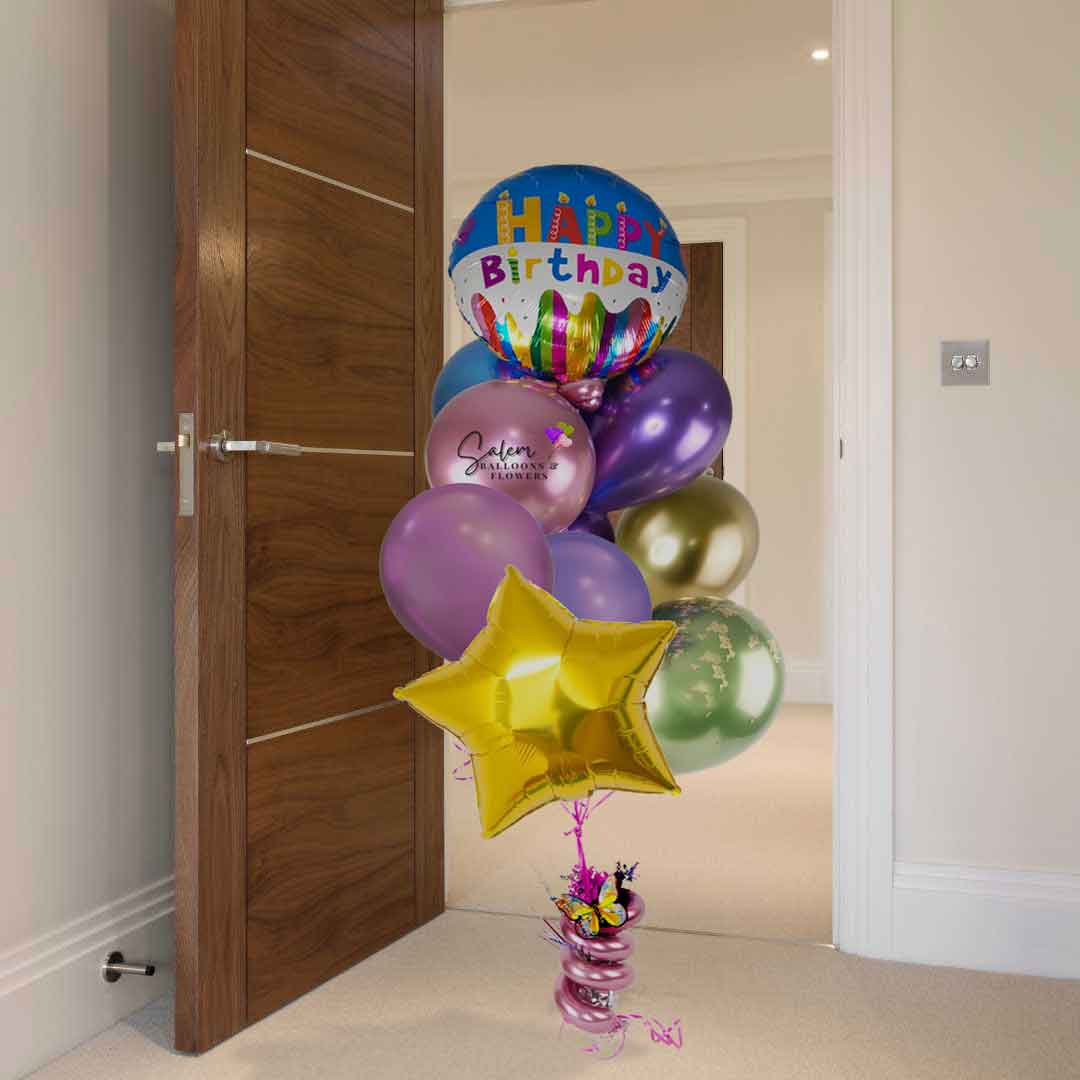 Birthday Balloon Bouquet in colorful Chrome balloons. Oregon Balloon Delivery.