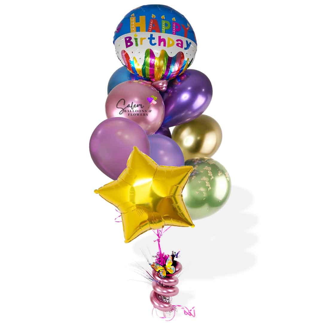 Birthday Balloon Bouquet in colorful Chrome balloons. With a round Happy birthday balloon and a golden star. Oregon Balloon Delivery.