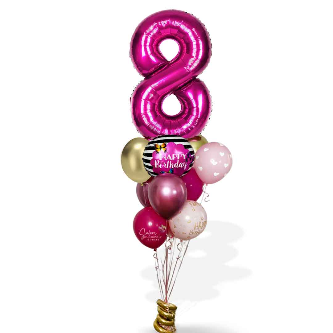 Bouquet of balloons with a large pink number 8 and other colorful balloons on a white background. Balloon delivery. Oregon.