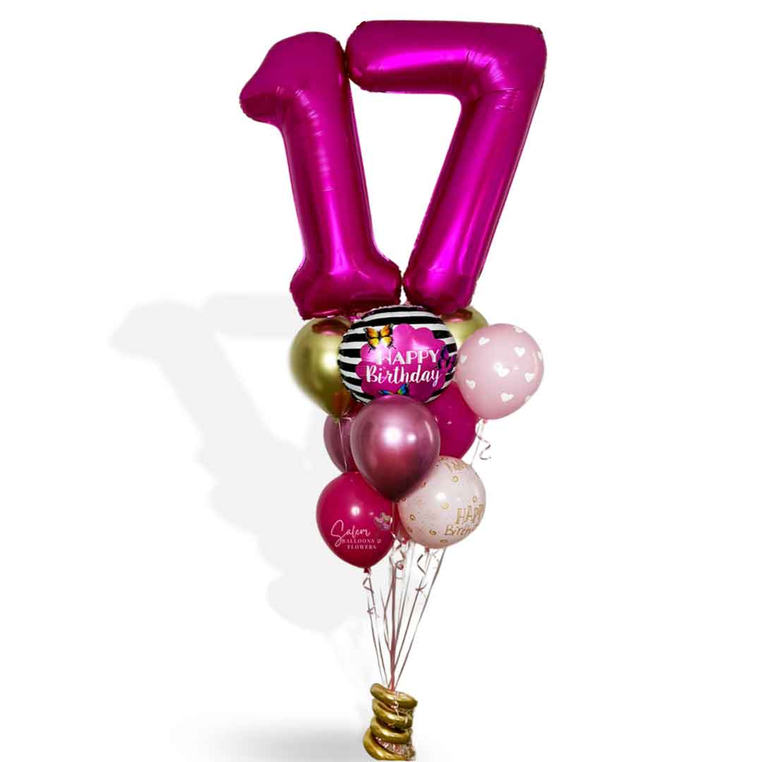 Bouquet of balloons with a large pink number '17' balloon on a white background, featuring a butterfly Happy Birthday Balloon.Balloon delivery. Oregon.