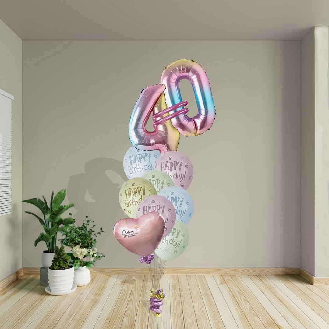 Extra large numbers balloon bouquet. With colorful Happy Birthday printed pastel colored balloons featuring extra large rainbow color numbers. A very cheery gift! Delivery available in Salem Oregon and nearby areas.