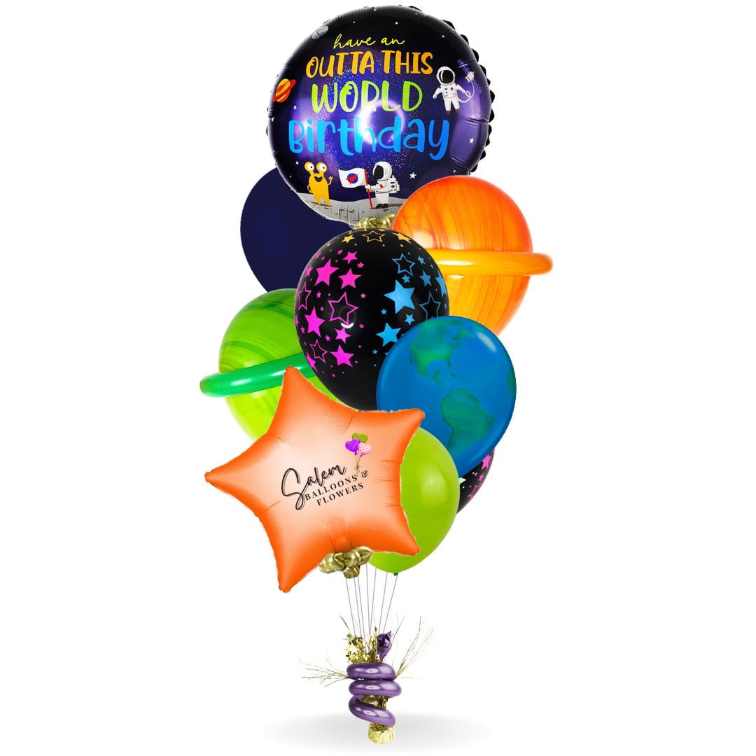 Helium balloons. Space astronaut themed. Balloon planets, Earth balloon. Neon stars balloons. Delivery in Salem Oregon and nearby cities. Keizer, Dallas, Corvallis, Independence, Portland. 