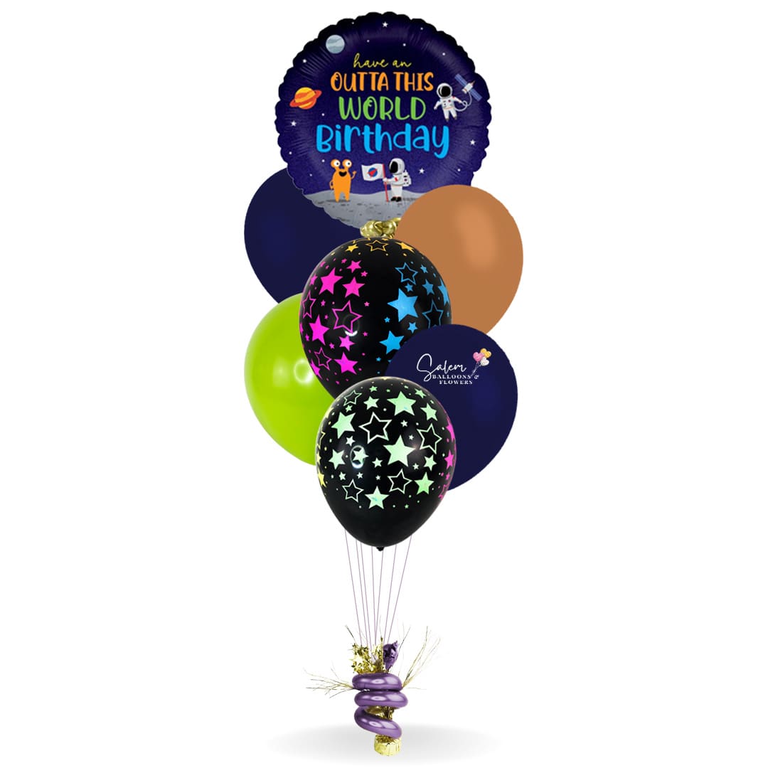 Helium balloons. Space astronaut themed. Balloon planets, Earth balloon. Neon stars balloons. Delivery in Salem Oregon and nearby cities. Keizer, Dallas, Corvallis, Independence, Portland. Dimentions chart.