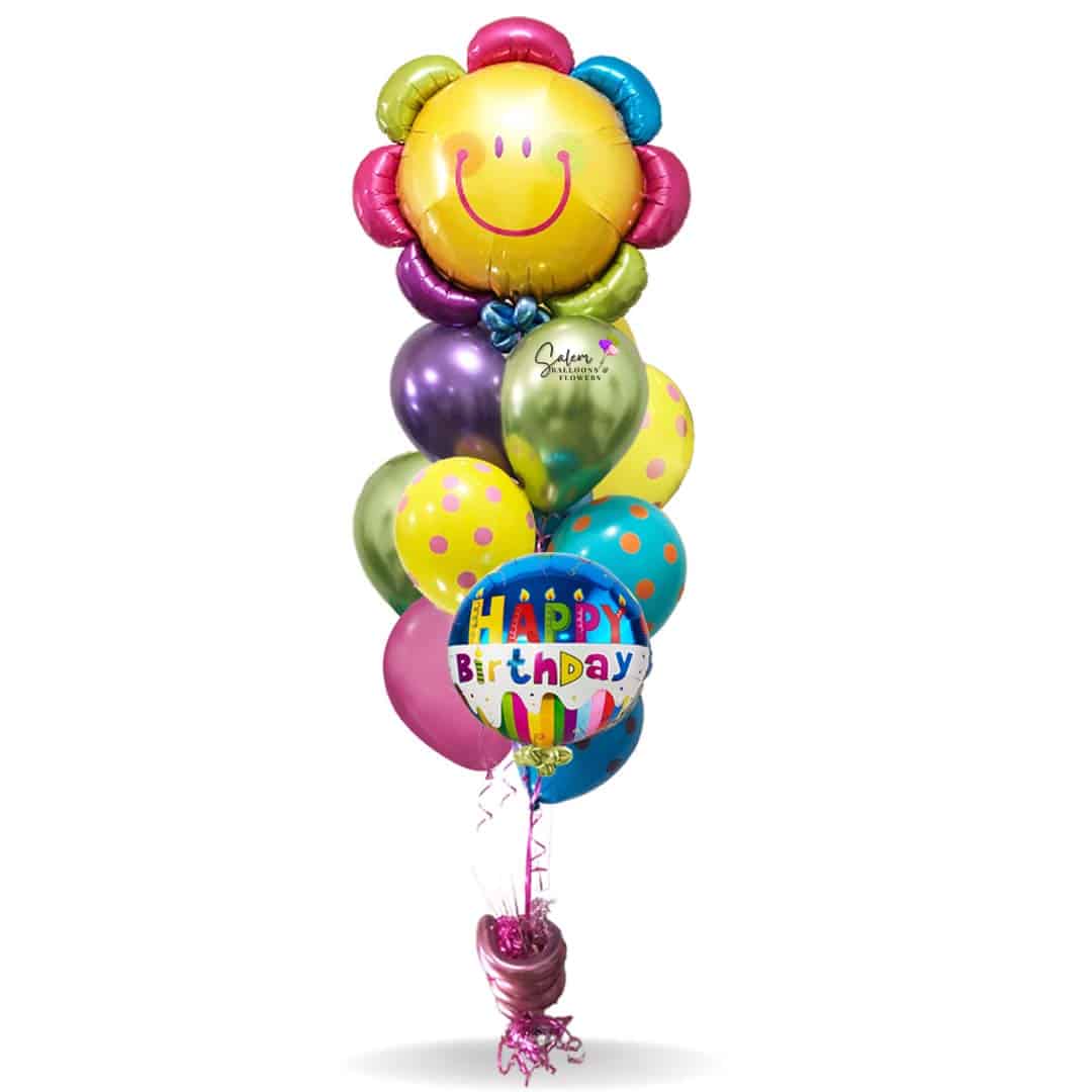 Extra tall helium balloon bouquet. Featuring an extra large colorful flower balloon. You can choose your occasion. Balloons Salem Oregon, Keizer Oregon, Independence Oregon