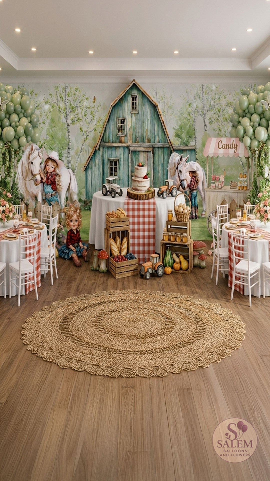 Horses and girls farm themed balloon decor with balloon trees, flowers, and horses cutouts in a venue for a girl's birthday decoration. Oregon.