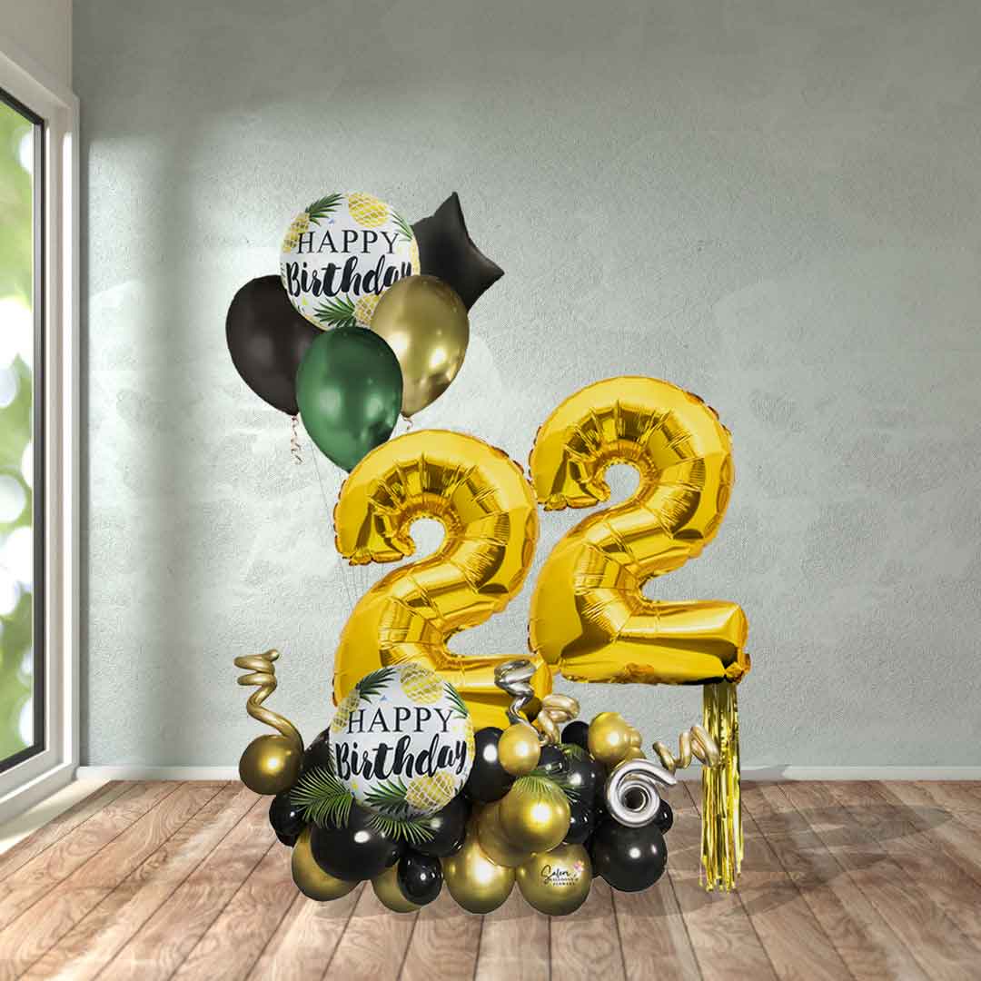 Pina colada themed Gold Number balloon bouquet. Salem Oregon Balloon delivery. 7 Ft tall approx.