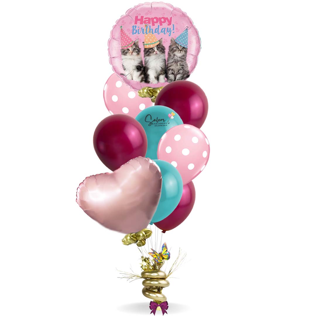 Kittens themed birthday balloon bouquet. Birthday helium bouquet. Salem Oregon ballon delivery.